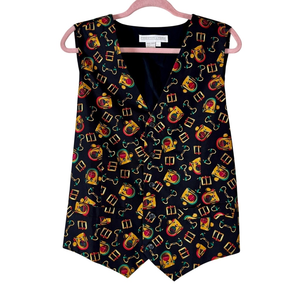 Preston & York Vest Women's Large Black Equestrian Themed Vintage Silk Horse 80s